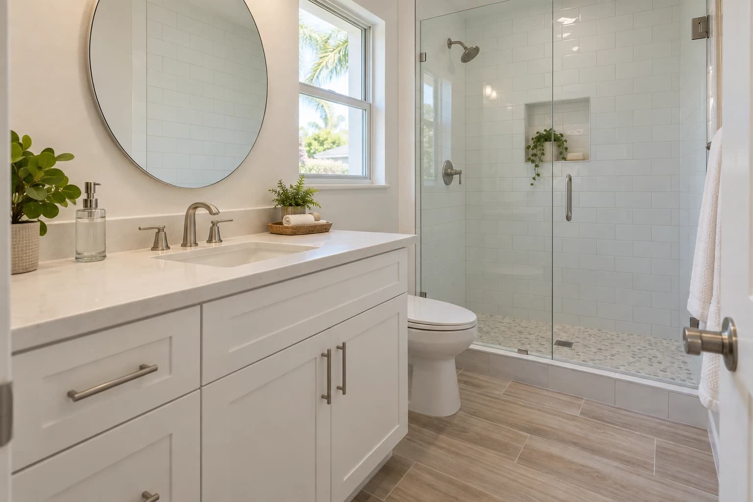 Bright small bathroom with a new white vanity, a round mirror, a walk-in shower behind clear glass, and light wood-look tile on the floor