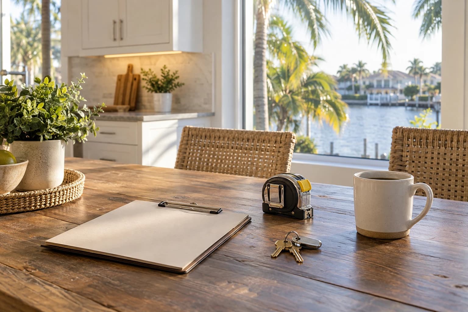 Kitchen table by a bright window in a Florida home with a closed clipboard, a tape measure, house keys, and a coffee mug