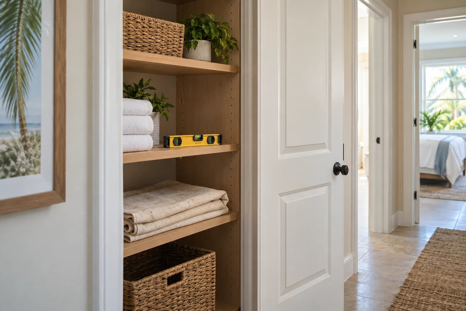 Tidy hallway closet with new wood shelving, folded linens, a folded drop cloth, and a small level resting on a shelf