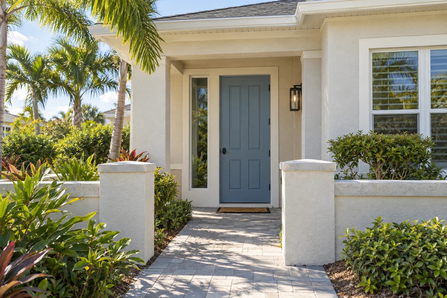Front entry of a stucco Florida home with a block wall, palms, and a freshly painted blue front door