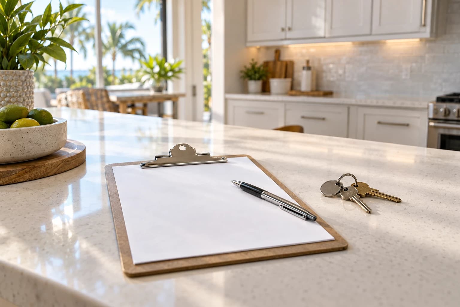 Blank estimate clipboard with a pen and a set of house keys on a bright Florida kitchen counter