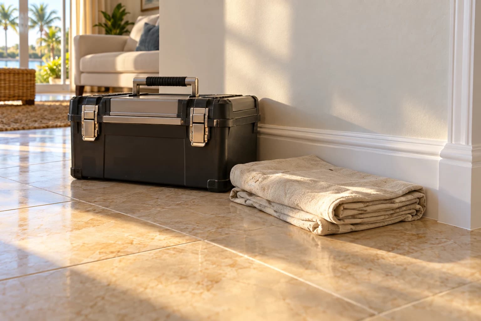 Closed toolbox and a folded drop cloth on a tiled Florida floor beside a freshly painted baseboard in afternoon light
