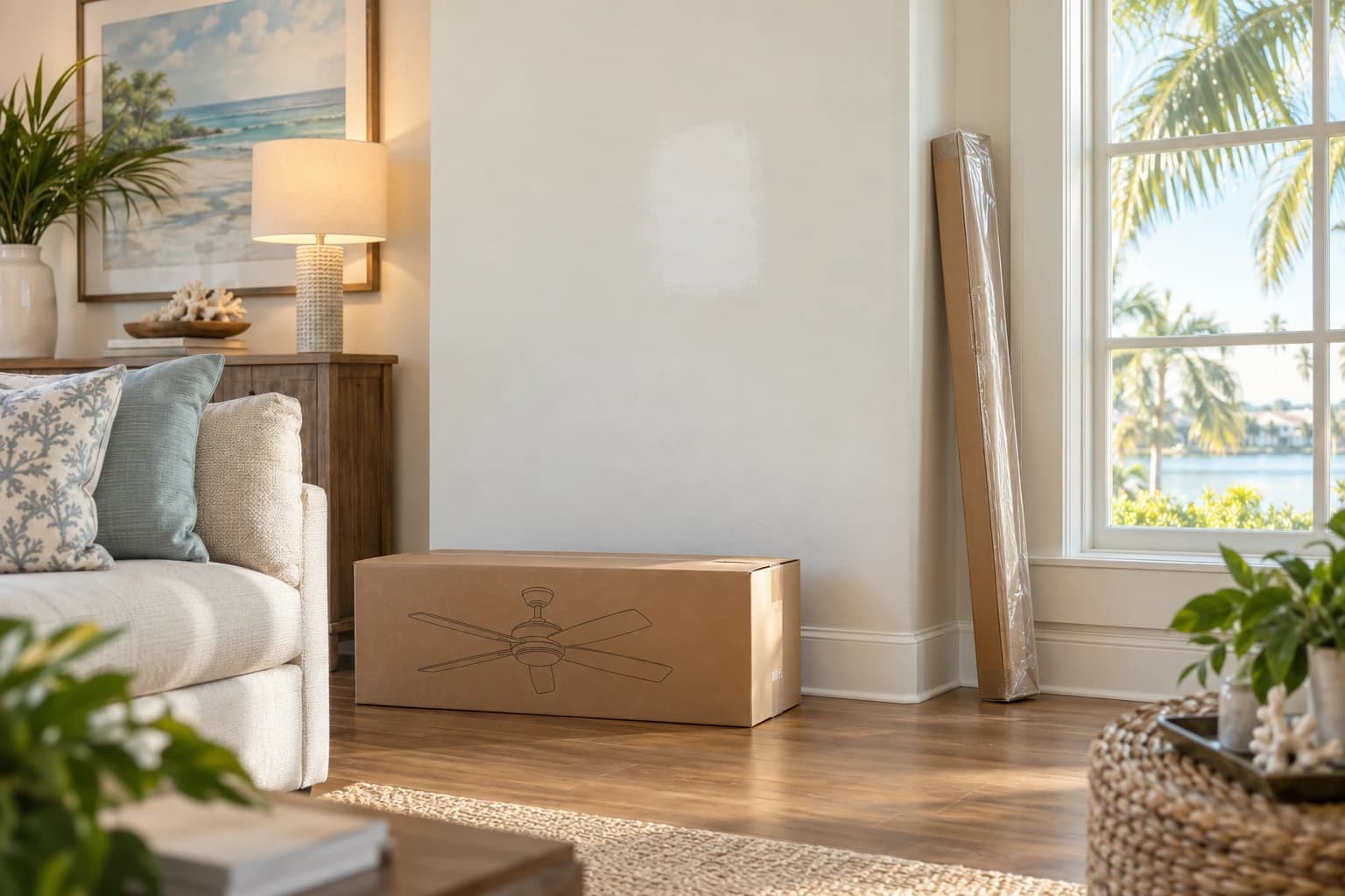 Living room wall with a ceiling fan still in its box on the floor, a filled patch drying, and a curtain rod in its package leaning by the window