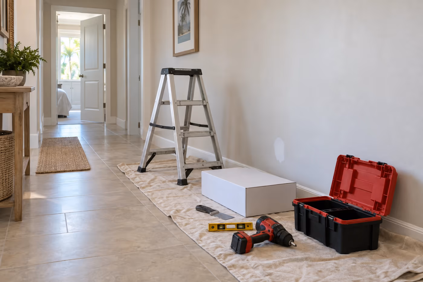 Florida home hallway with a drop cloth holding an open toolbox, a drill, a level, a putty knife, and a fan carton beside a step ladder and a fresh spackle patch