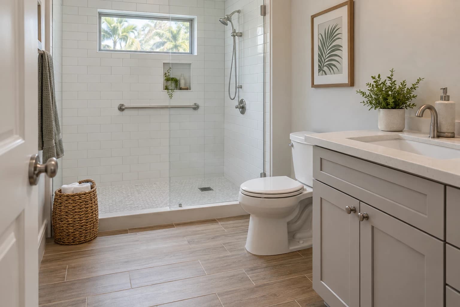 Remodeled hall bathroom with a walk-in shower behind a low curb, white wall tile, a chrome grab bar, and a wood-look tile floor
