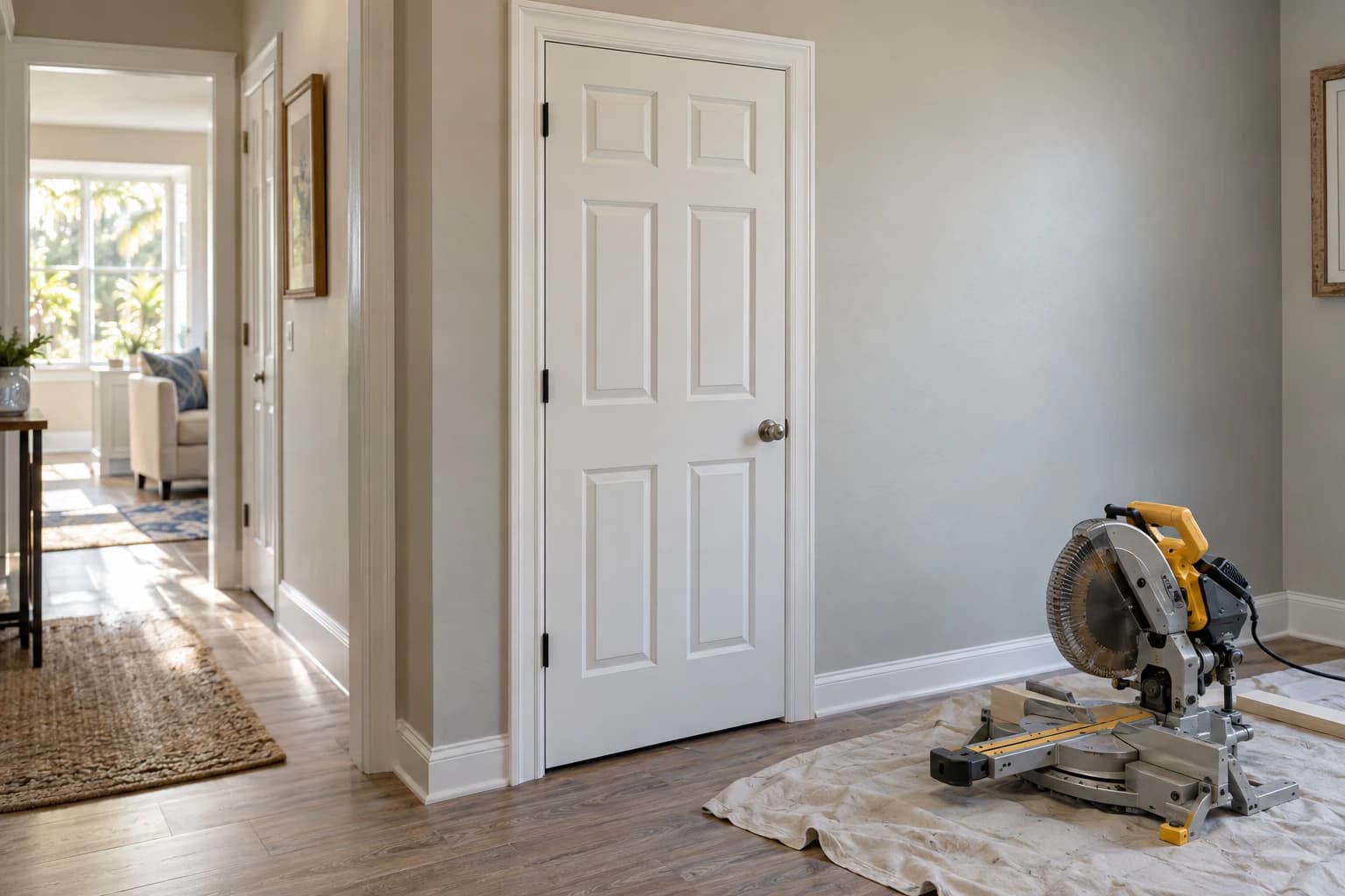 Freshly installed white interior door and casing in a hallway with a newly patched and painted wall, a miter saw resting on a drop cloth nearby