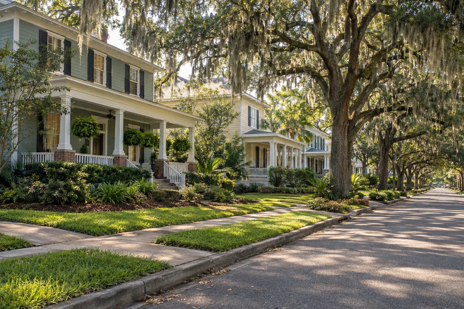 Tree-lined Jacksonville street of older two-story homes with deep front porches, painted wood trim, and live oaks hung with Spanish moss