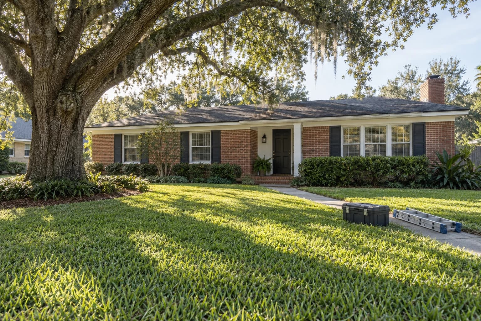 One-story brick home in Jacksonville with a wide lawn and a live oak, a toolbox and a folded ladder resting beside the front walk