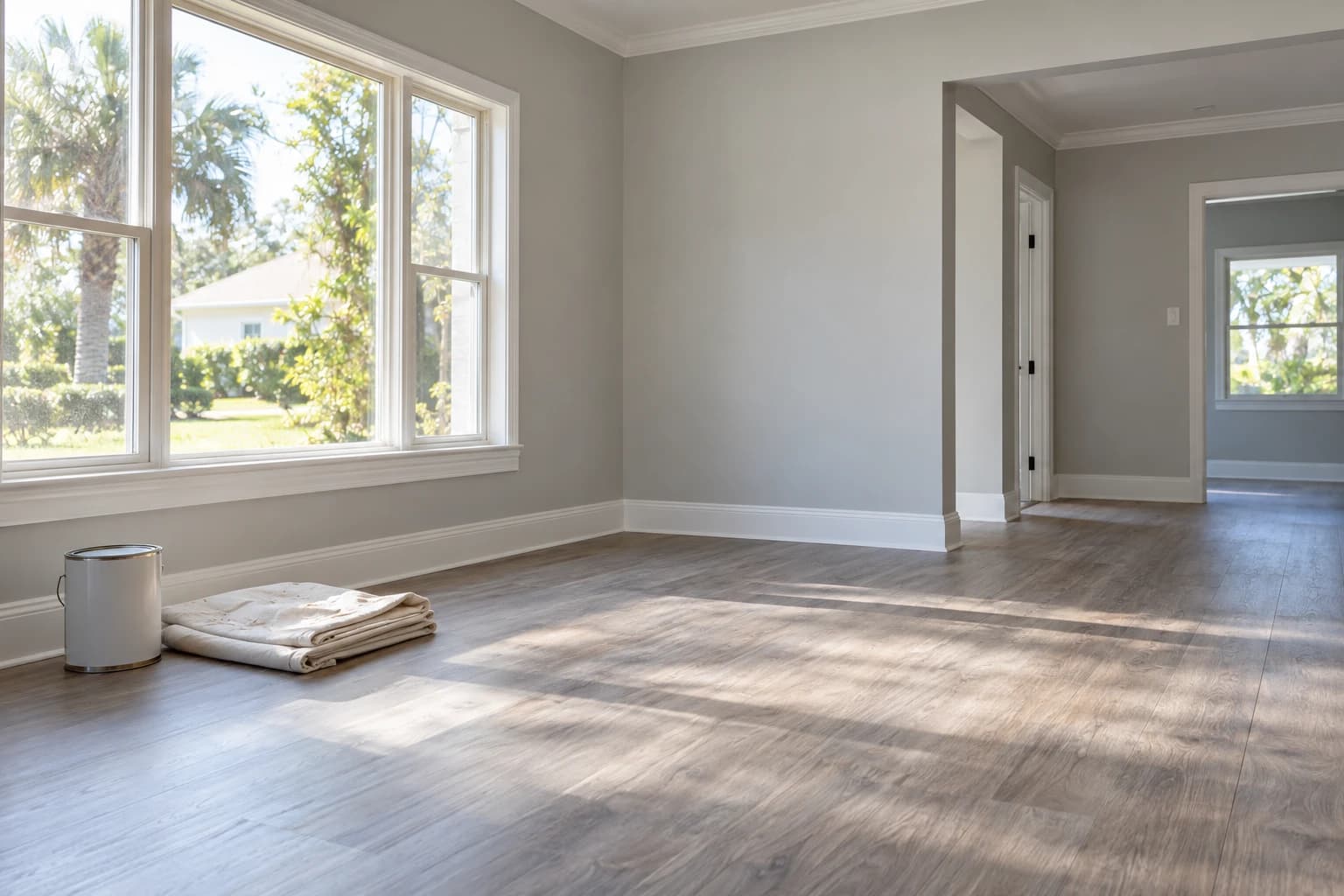 Empty rental living room freshly painted in light gray, with new plank flooring, a closed paint can and a folded drop cloth resting by the window