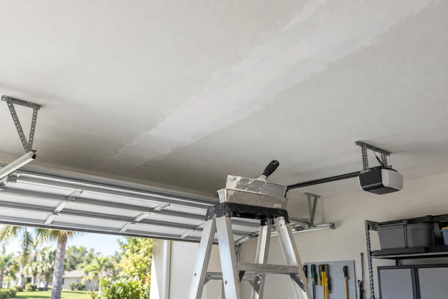 A freshly retaped and primed drywall seam across a white garage ceiling, with a taping knife and a mud pan resting on a stepladder