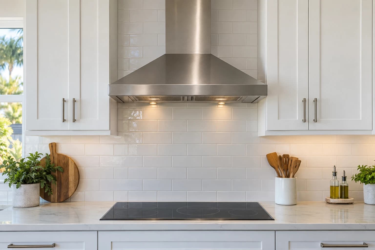 A stainless wall mount range hood centered over a cooktop, with white shaker cabinets on either side and a white tile backsplash