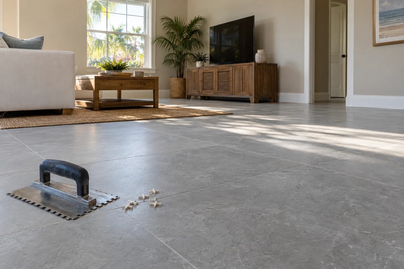 Large gray porcelain floor tiles being laid in a bright living room, with a notched trowel and tile spacers resting on the finished tiles