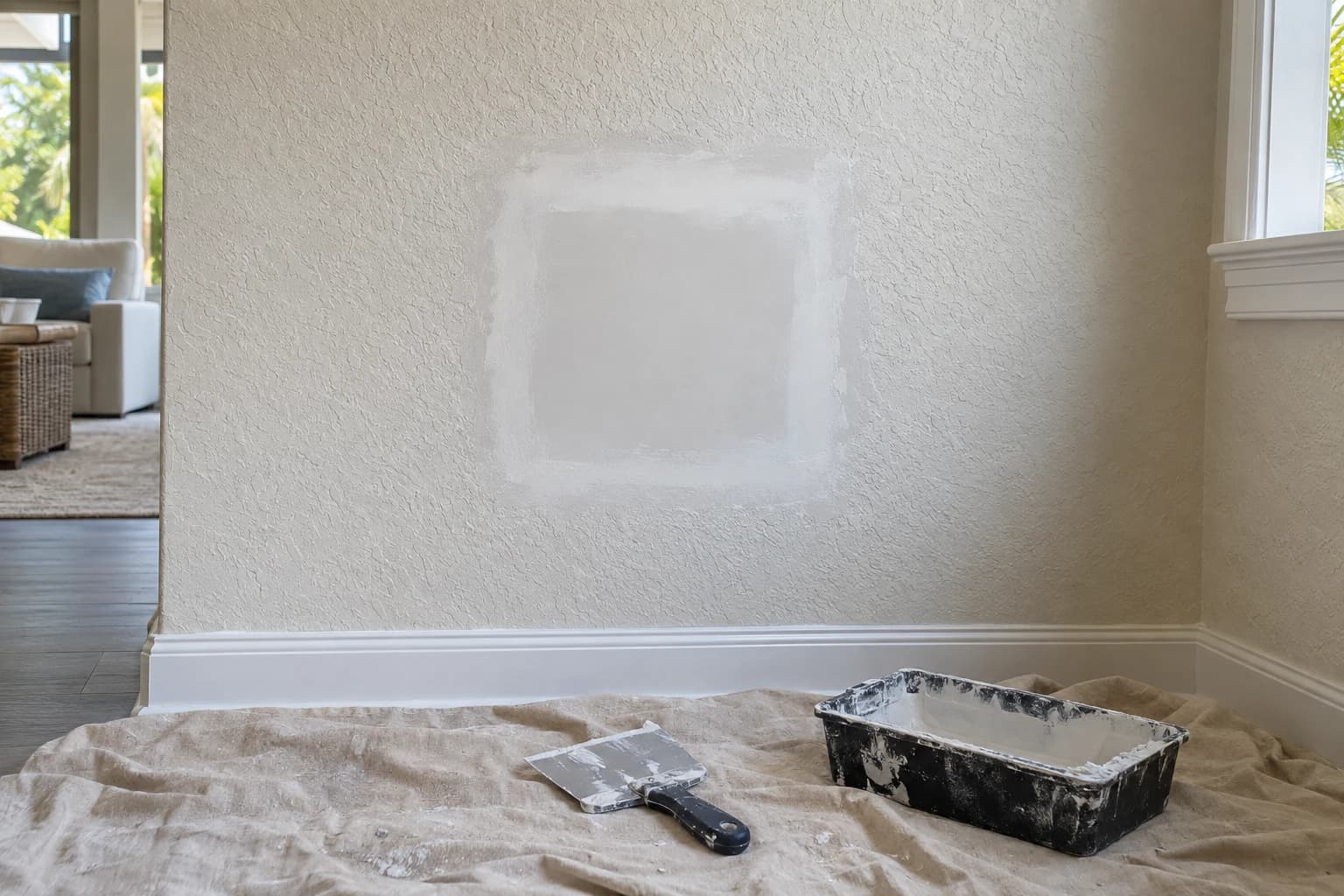 Freshly patched and sanded square of drywall on a knockdown-textured wall, with a taping knife and a small tray of joint compound on a drop cloth below