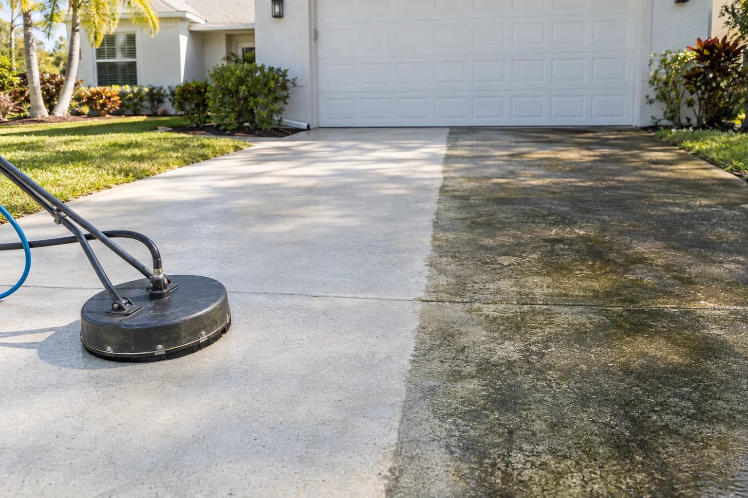 Concrete driveway half cleaned, with a bright clean section beside a darker algae-stained section, and a round surface cleaner resting on the clean side