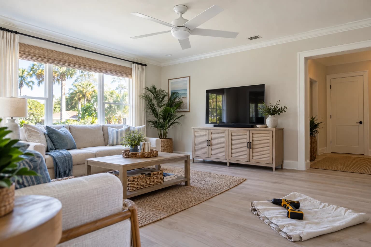 A bright Florida living room with a new ceiling fan, fresh white baseboard, and a light plank floor, with a cordless drill resting on a folded drop cloth