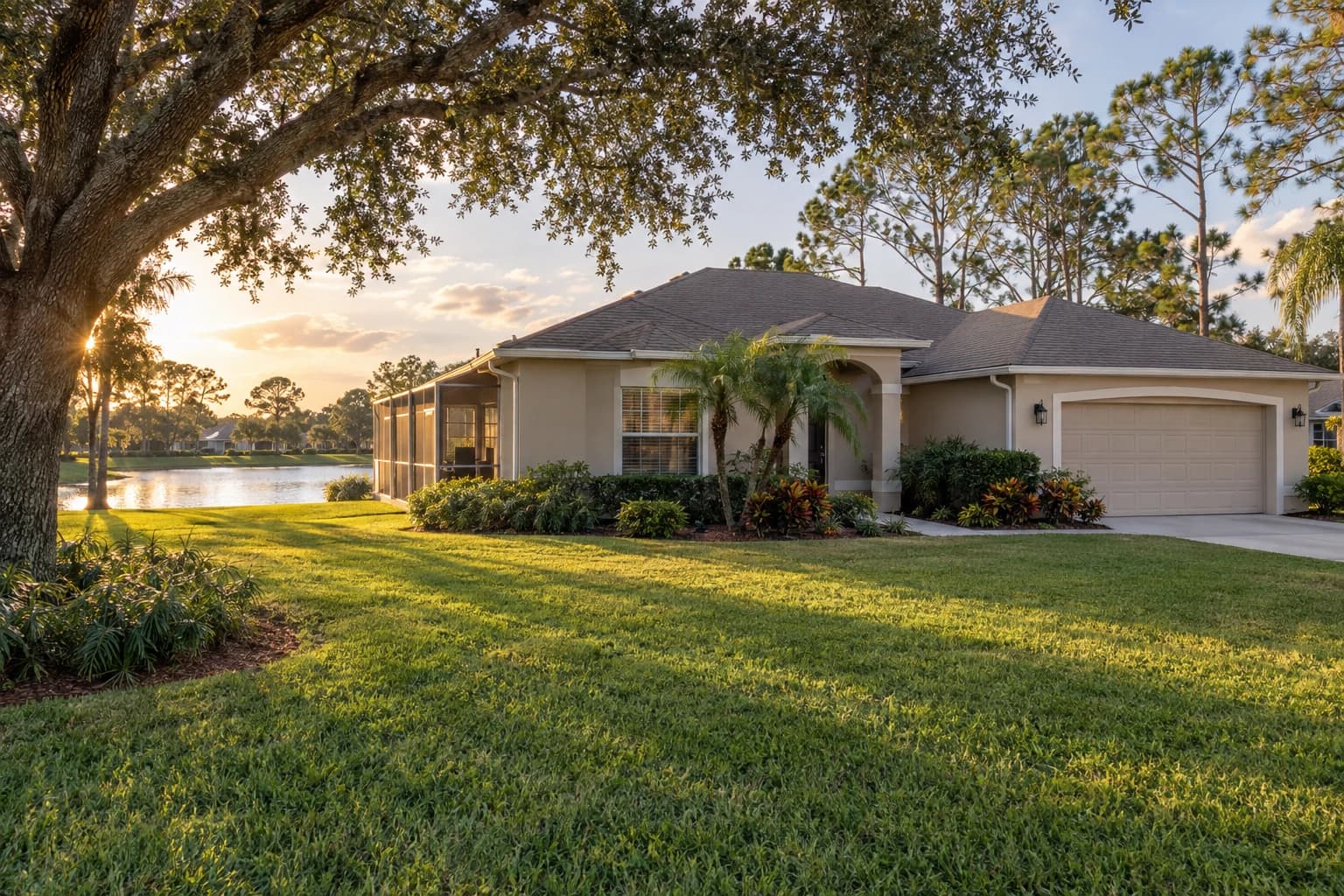 Two-story stucco home with a screened lanai and a small lake behind it, framed by live oaks and slash pines in a quiet Lutz neighborhood