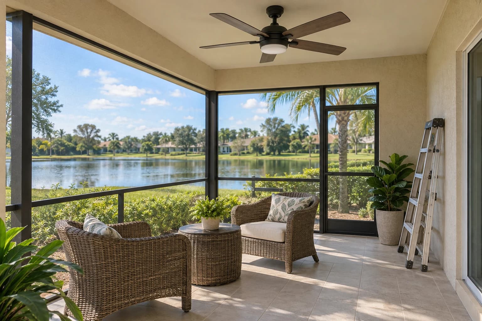 Covered screened lanai with a new damp-rated ceiling fan, wicker chairs, and a small lake beyond the screen, a stepladder folded against the wall
