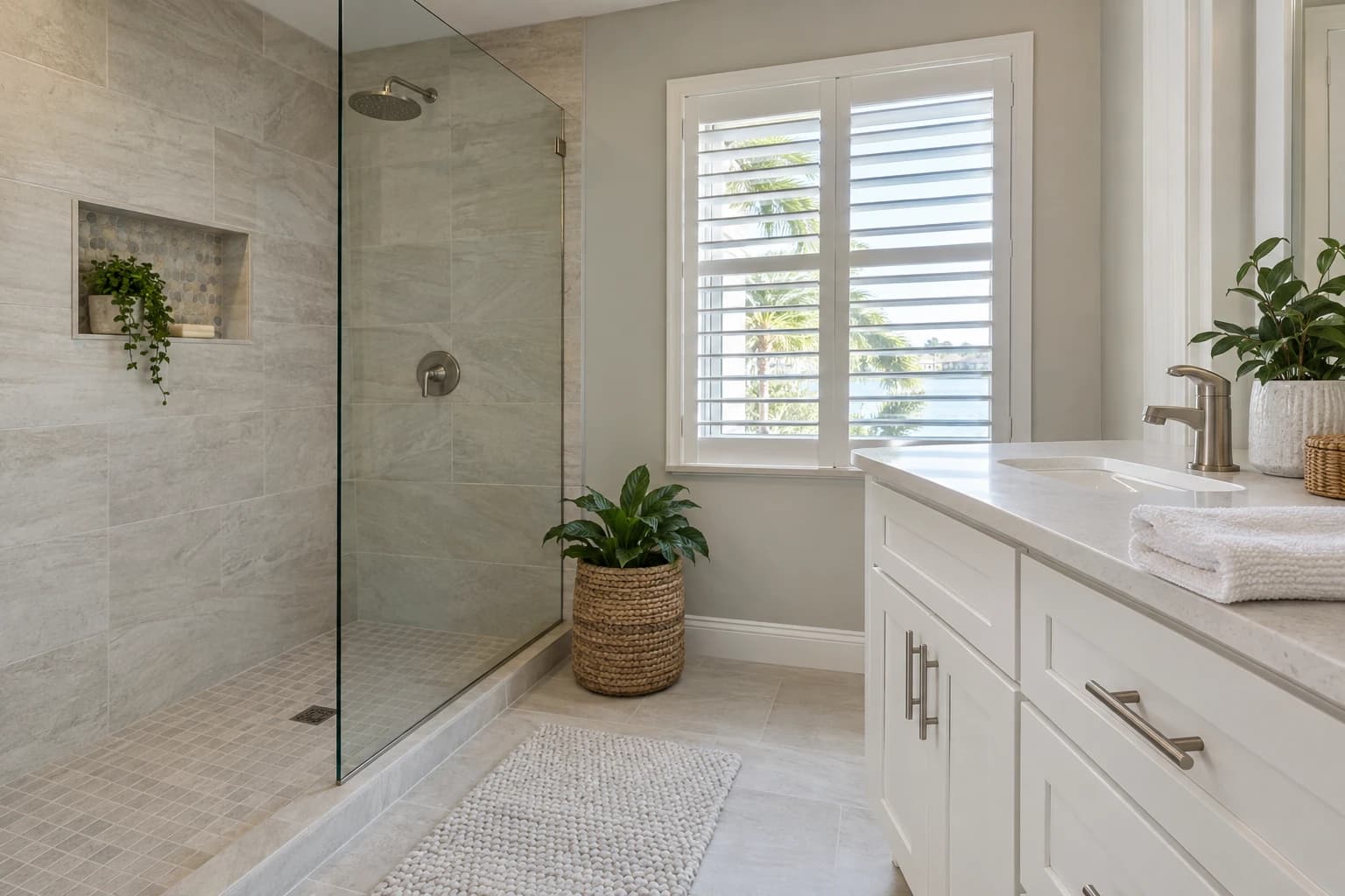 Remodeled bathroom with a tiled walk-in shower, a white vanity with a quartz countertop, and a window with plantation shutters, a folded towel on the counter