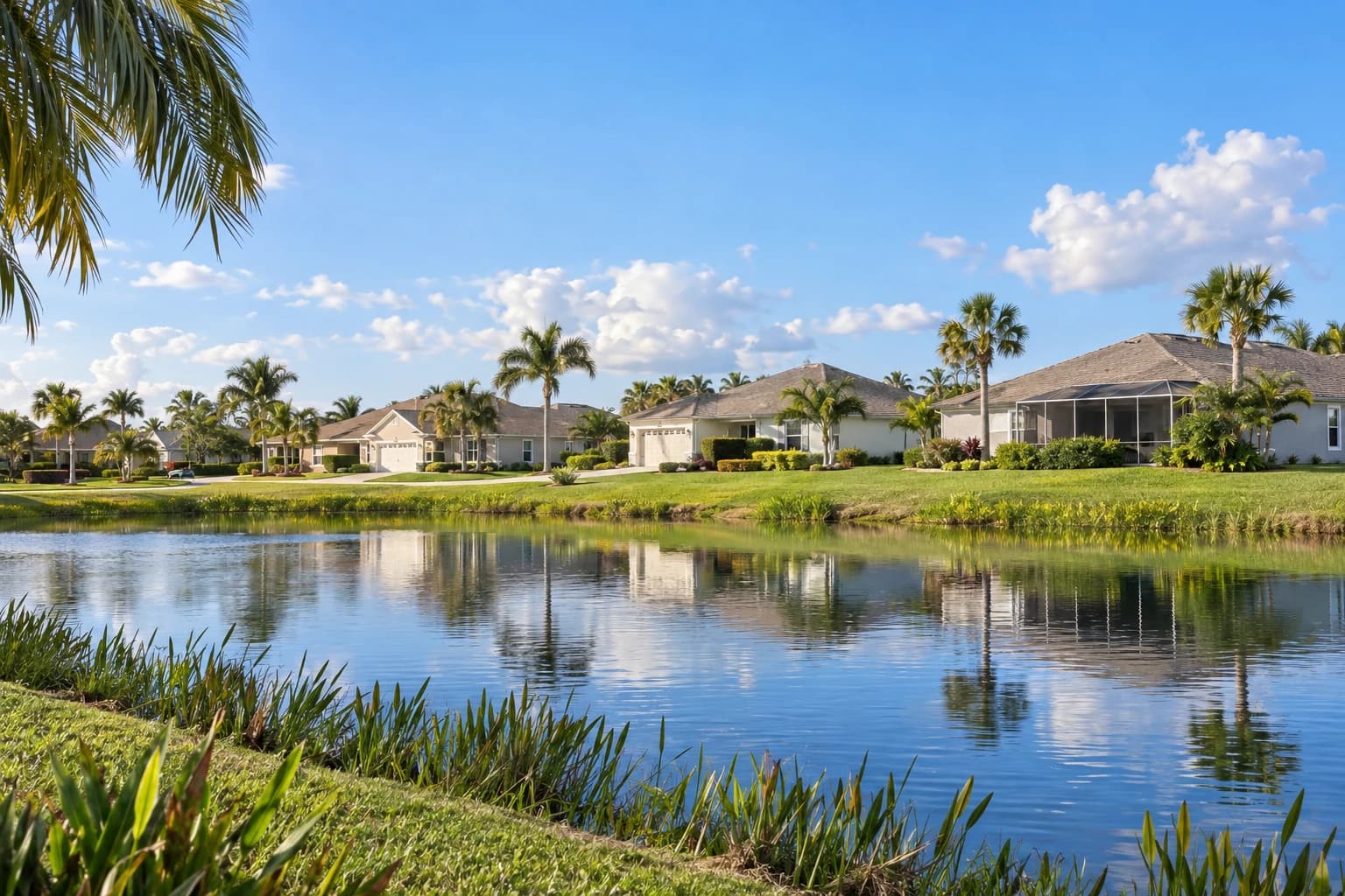A quiet Brevard County street of one-story block homes with low hip roofs, sabal palms, and a retention pond under a wide blue sky