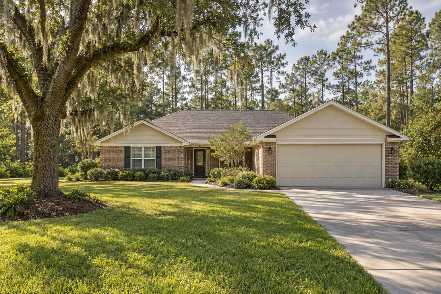 Single-story brick and siding ranch home on a wooded Middleburg lot with tall pines, a live oak draped in Spanish moss, and a wide lawn