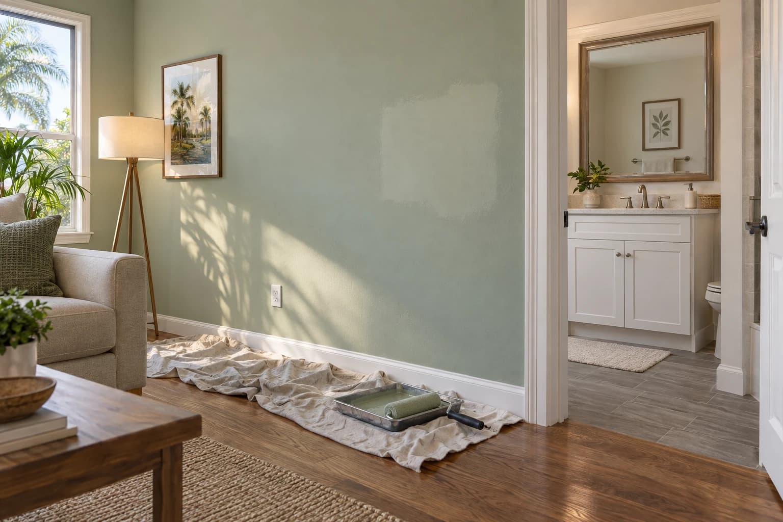 Freshly painted living room wall in a soft sage color with a smooth patched area, a paint roller and tray resting on a drop cloth