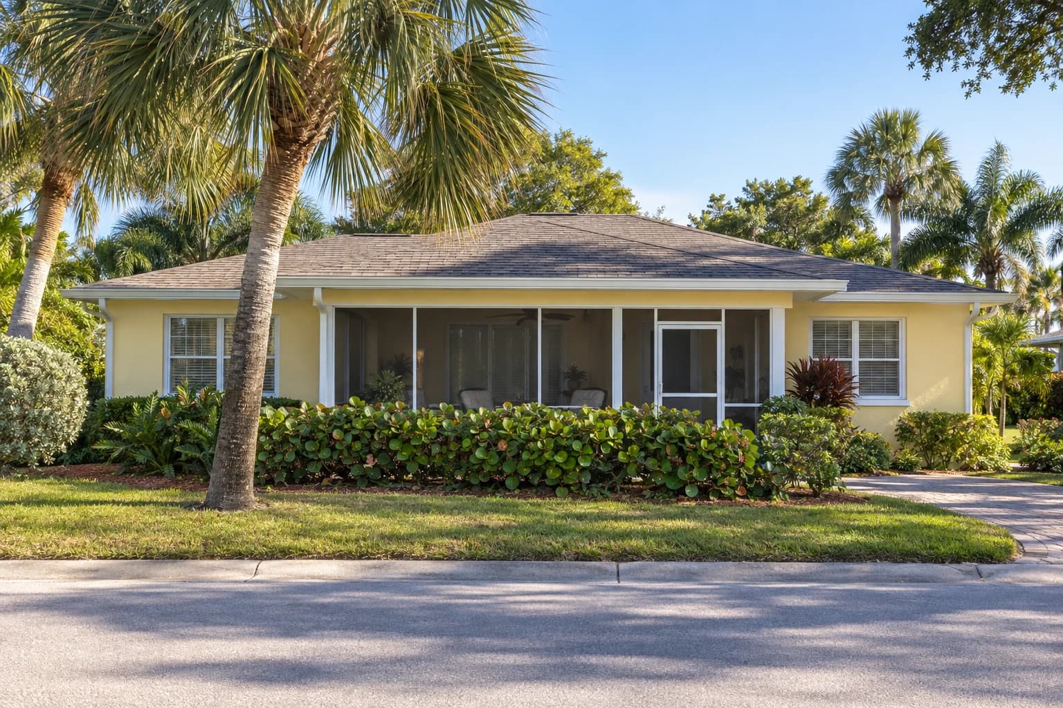 One-story older Florida block home with pale yellow stucco, white trim, a low hip roof, and a screened porch under sabal palms and a sea grape hedge on a quiet Nokomis street
