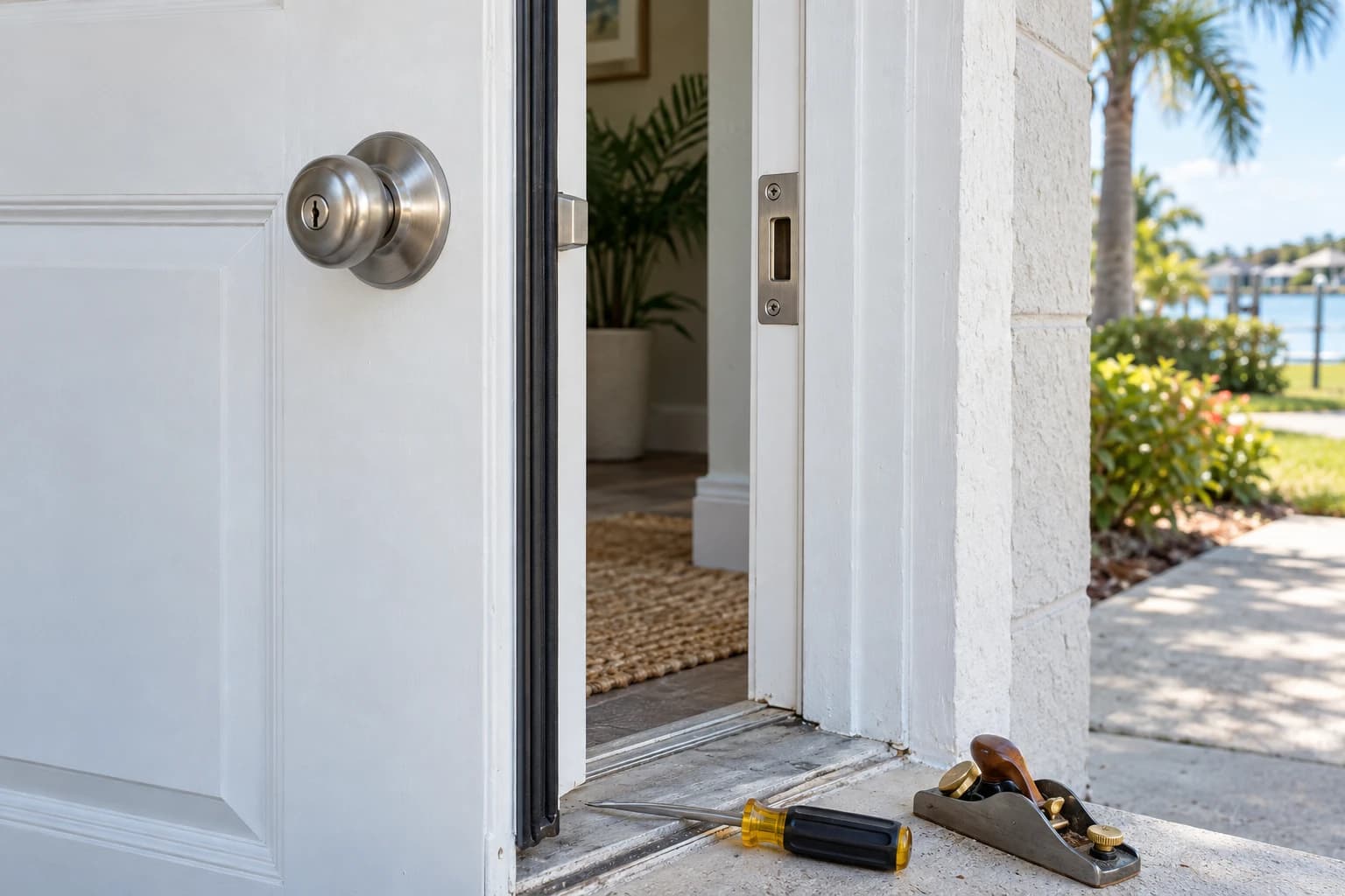 The latch edge of a white exterior door with new weatherstripping and a brushed nickel strike plate, a screwdriver and a block plane resting on the threshold