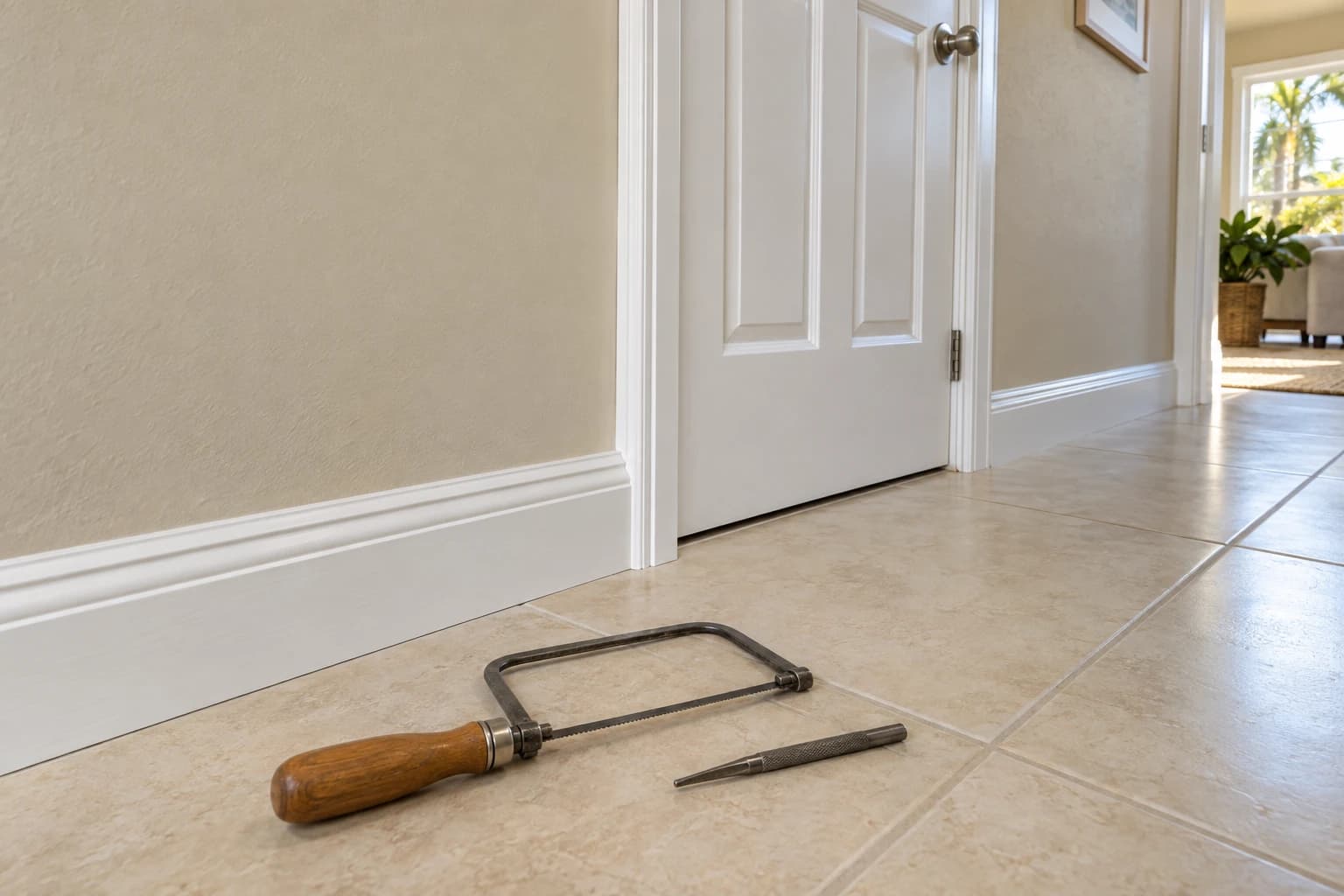 Hallway in a Florida block home with new white baseboard and door casing meeting a light tile floor, a coping saw and a nail set resting on the tile