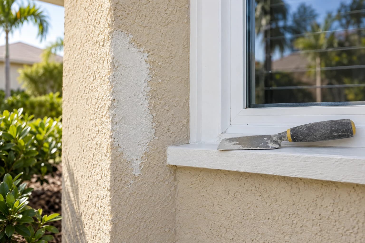 Corner of a beige stucco wall beside a white window frame, with a fresh textured patch over a filled crack and a margin trowel resting on the sill