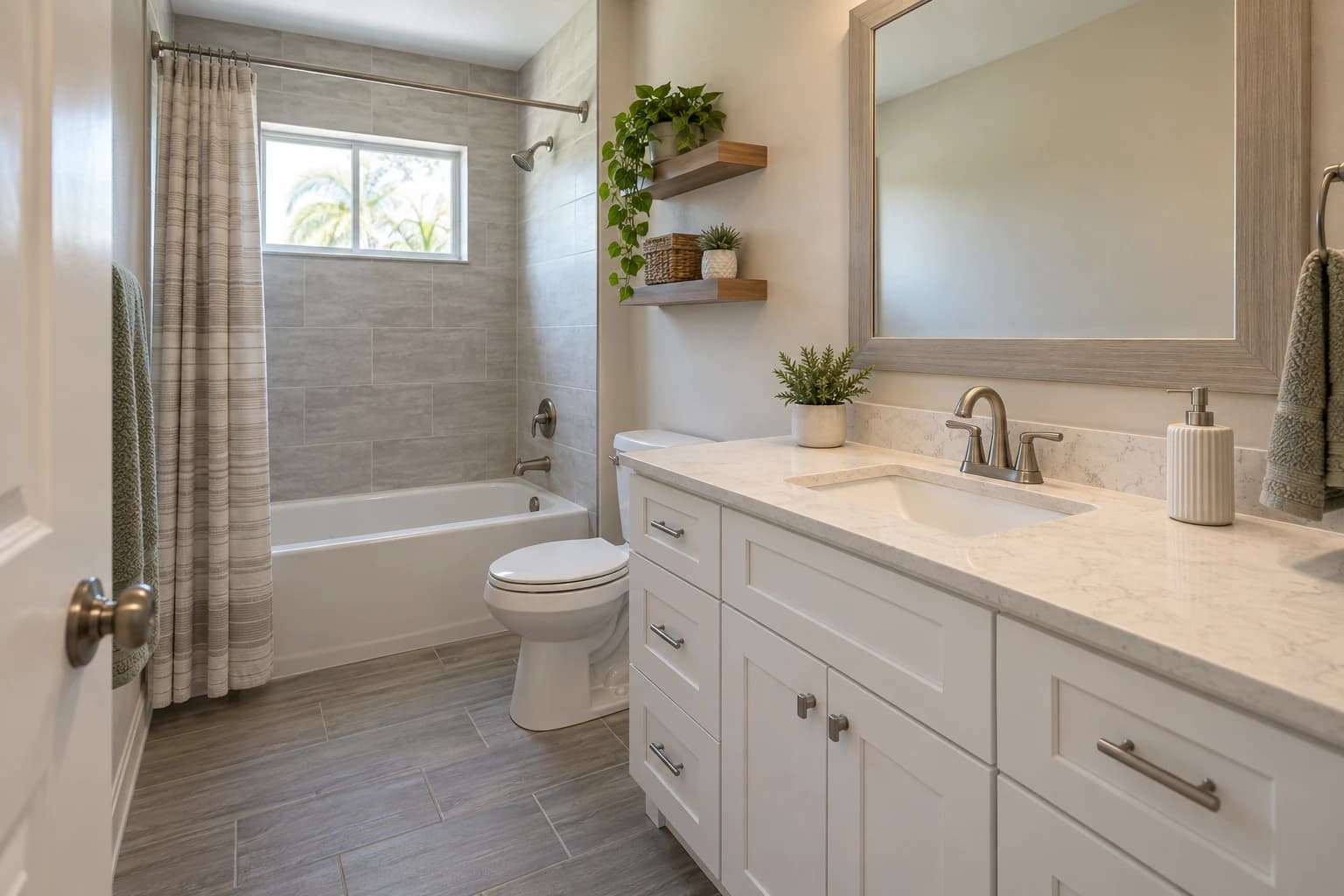 Small hall bathroom with a new white vanity, a light quartz top, a brushed nickel faucet, and gray porcelain plank tile on the floor