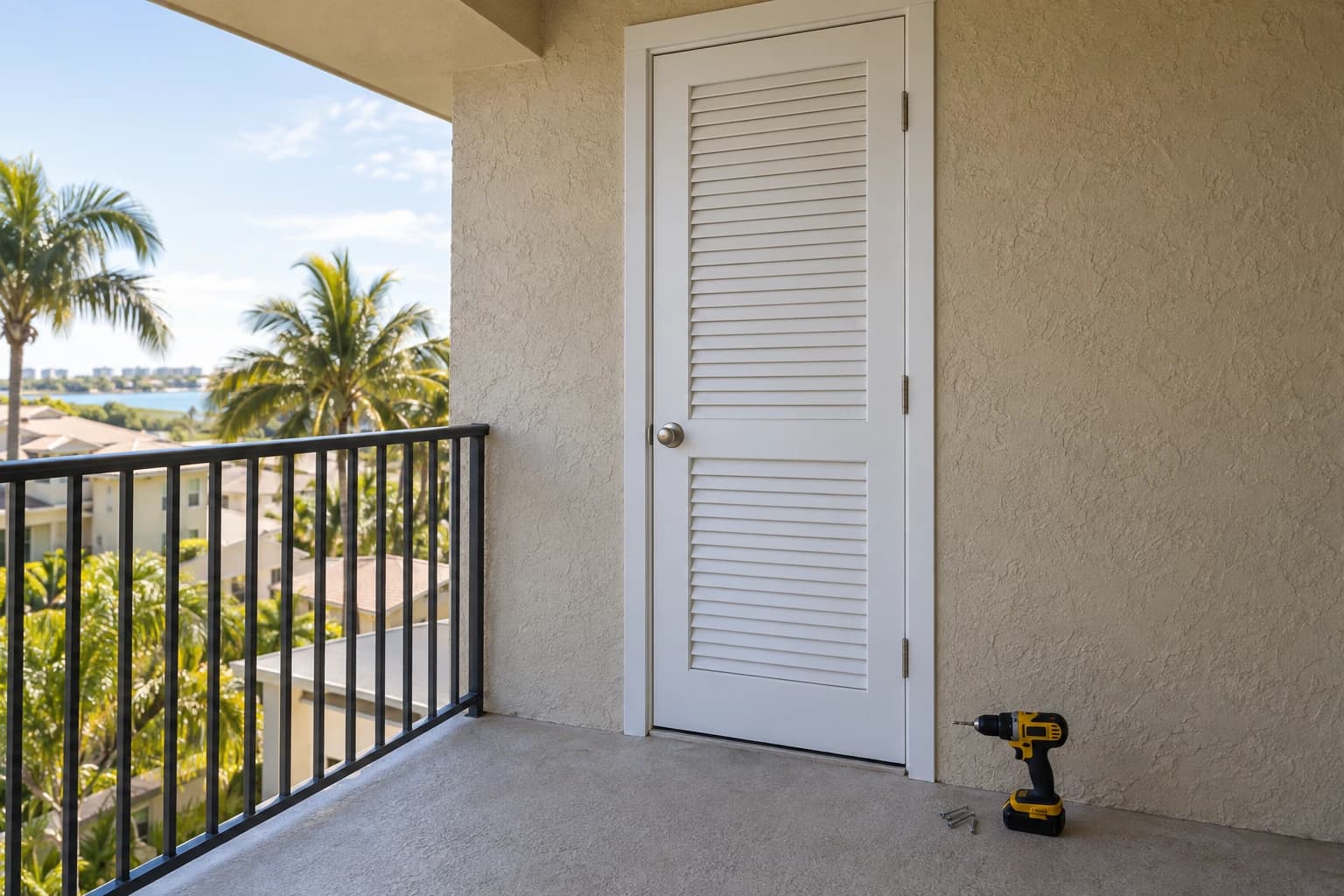 White louvered utility closet door on a covered balcony beside a beige wall, a cordless drill and a few screws resting on the balcony floor