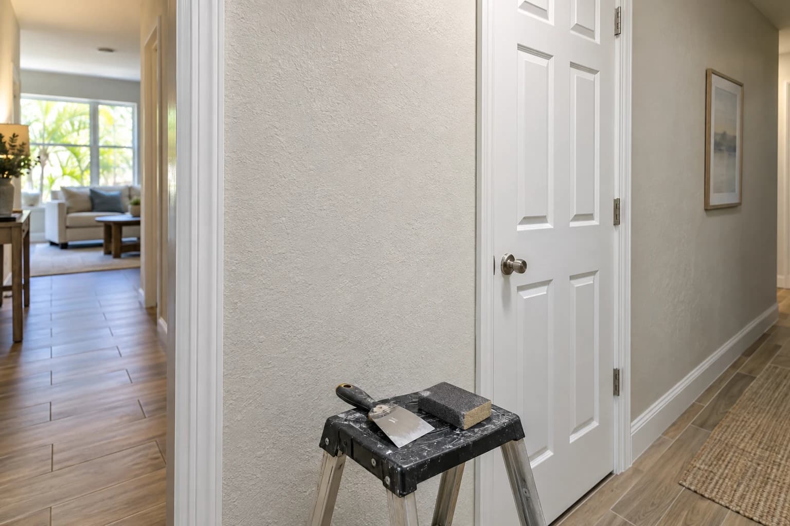 A hallway with a freshly patched and painted knockdown-textured wall beside a white six-panel interior door, with a putty knife and a sanding sponge resting on a step stool