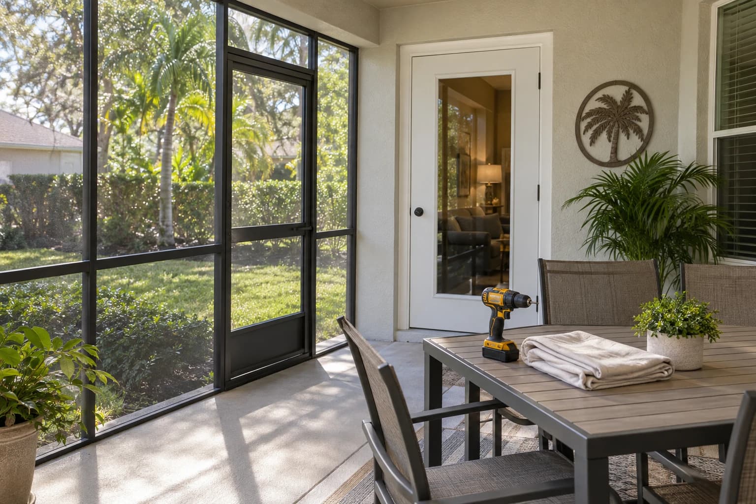 A tidy screened lanai at a Central Florida home with a new screen panel and a freshly painted back door, with a cordless drill and a folded drop cloth resting on the patio table