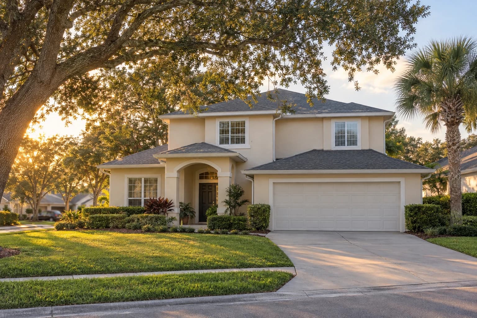 A two-story stucco home from the 1990s with a tile roof, white fascia, and a two-car garage on a quiet Oviedo street shaded by live oaks