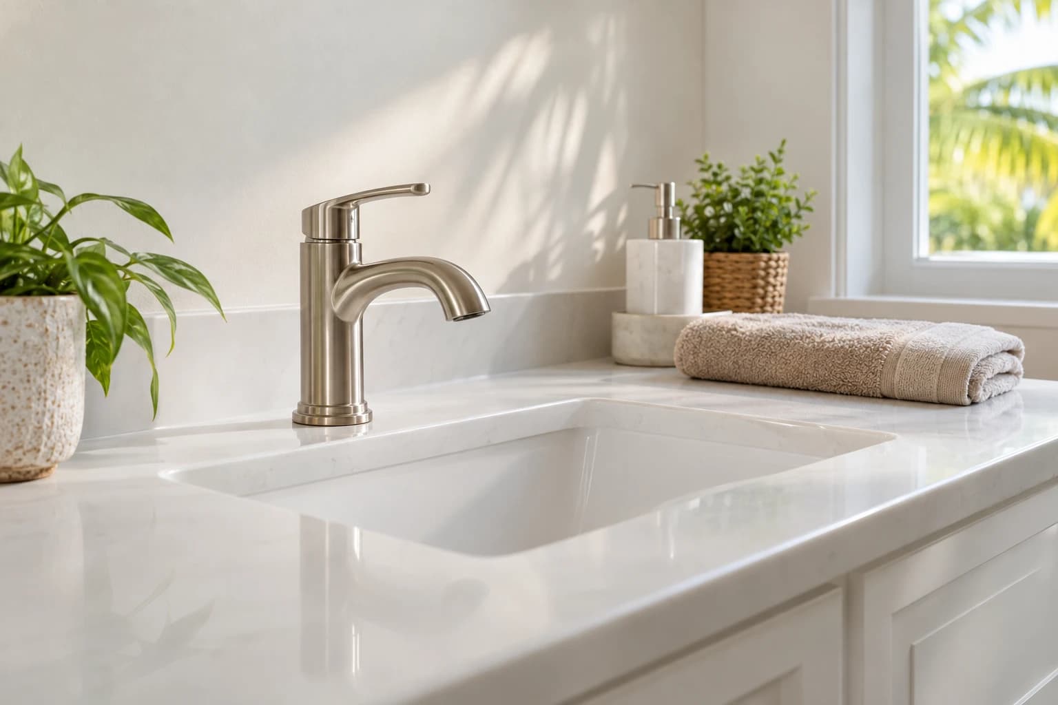 A new brushed nickel single-handle faucet on a white bathroom vanity with a folded hand towel beside the basin in soft morning light