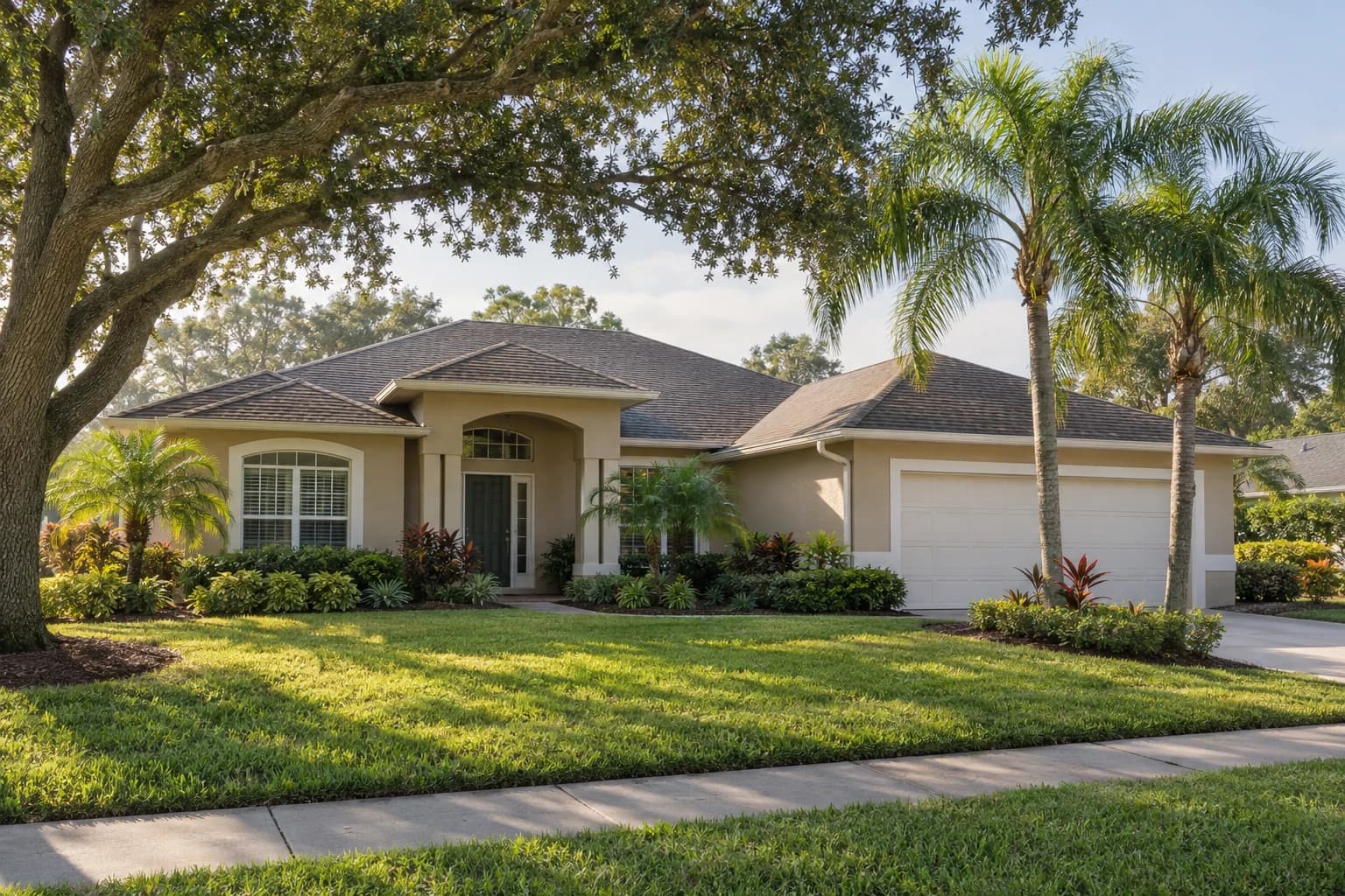 A one-story tan stucco home in Palm Harbor with white trim, a hip roof, an attached garage, queen palms, and a live oak shading the front yard