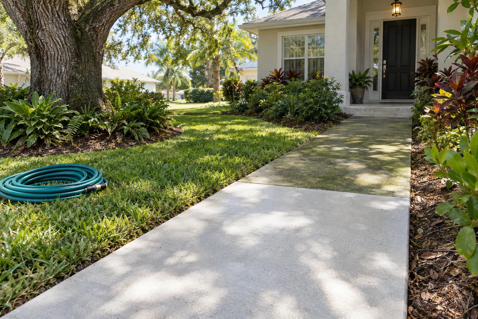 Concrete front walk under a live oak, the near half washed clean and bright and the far half still dark with green algae, a garden hose coiled on the grass