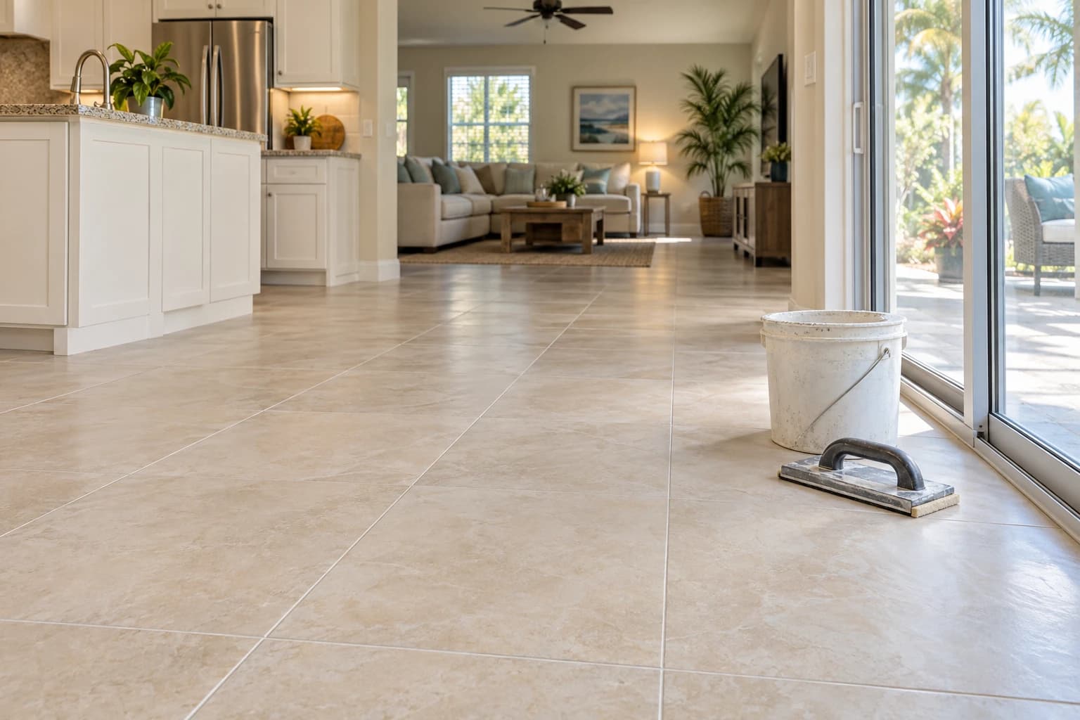 New beige porcelain tile floor running from a kitchen into a family room, with a rubber grout float and a bucket resting on the finished tile by a sliding door