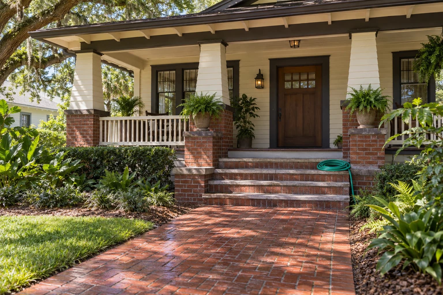 Front porch of a 1920s bungalow with tapered columns and a freshly pressure washed brick walk, a garden hose coiled on the steps under a live oak