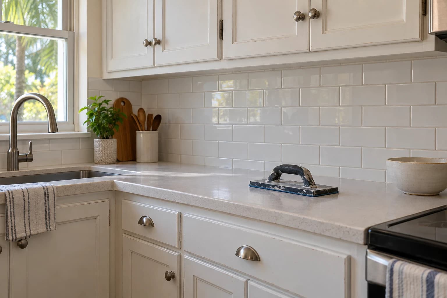 Kitchen with white cabinets and a new white subway tile backsplash between the counter and upper cabinets, a grout float resting on the counter