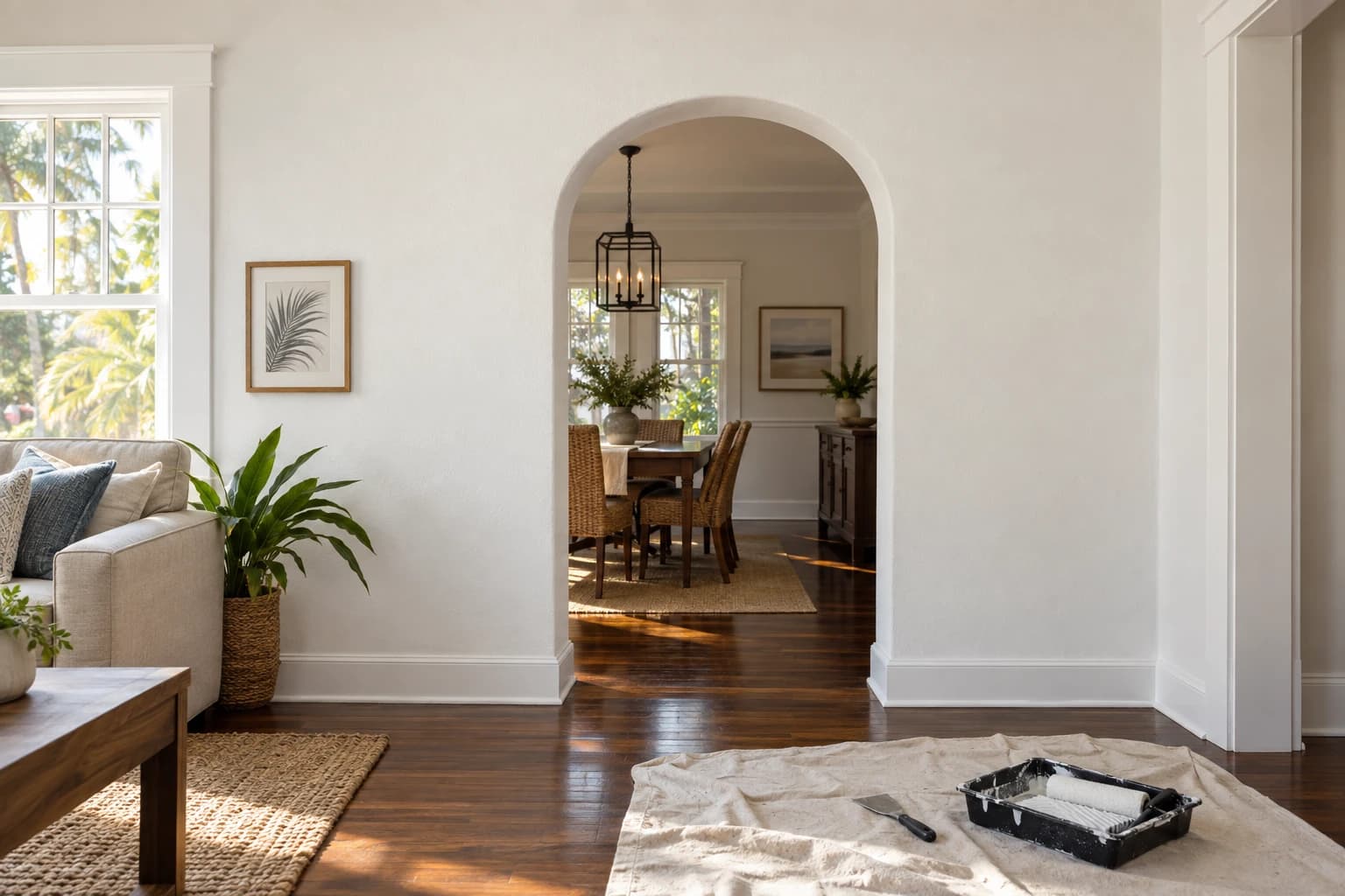 Smooth plaster-white wall above an arched doorway with a freshly patched and painted crack line, a putty knife and a paint tray resting on a drop cloth