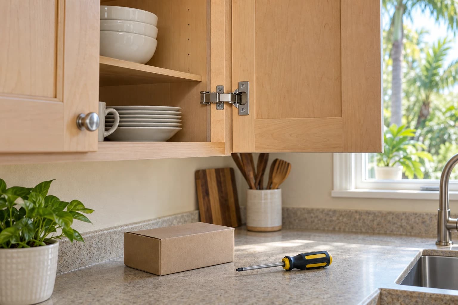 Kitchen cabinet doors in a light wood finish, one door open showing a new hinge, with a screwdriver and a small hinge box resting on the counter