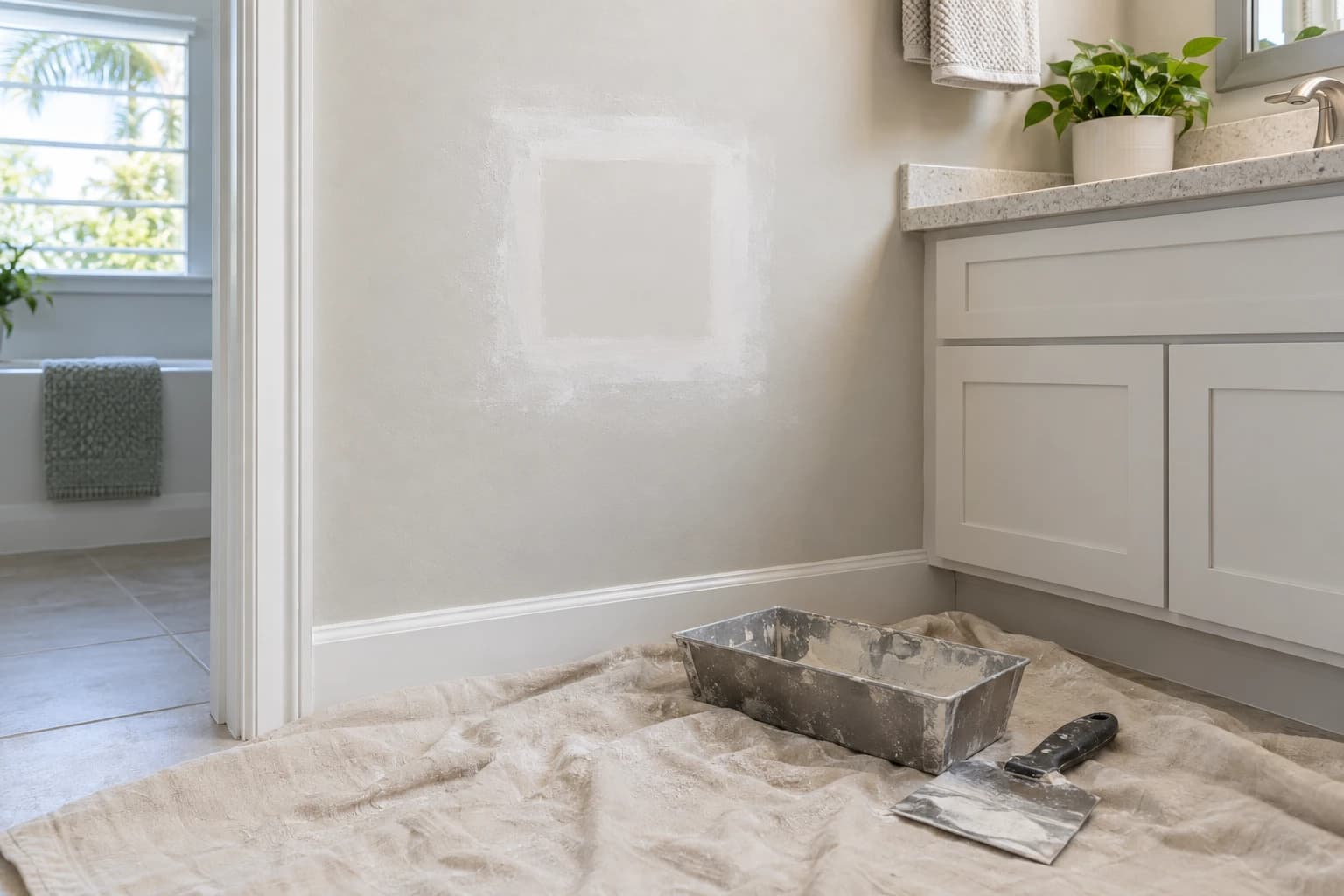 Square drywall patch sanded smooth on a bathroom wall beside a vanity, a taping knife and a mud pan resting on a drop cloth
