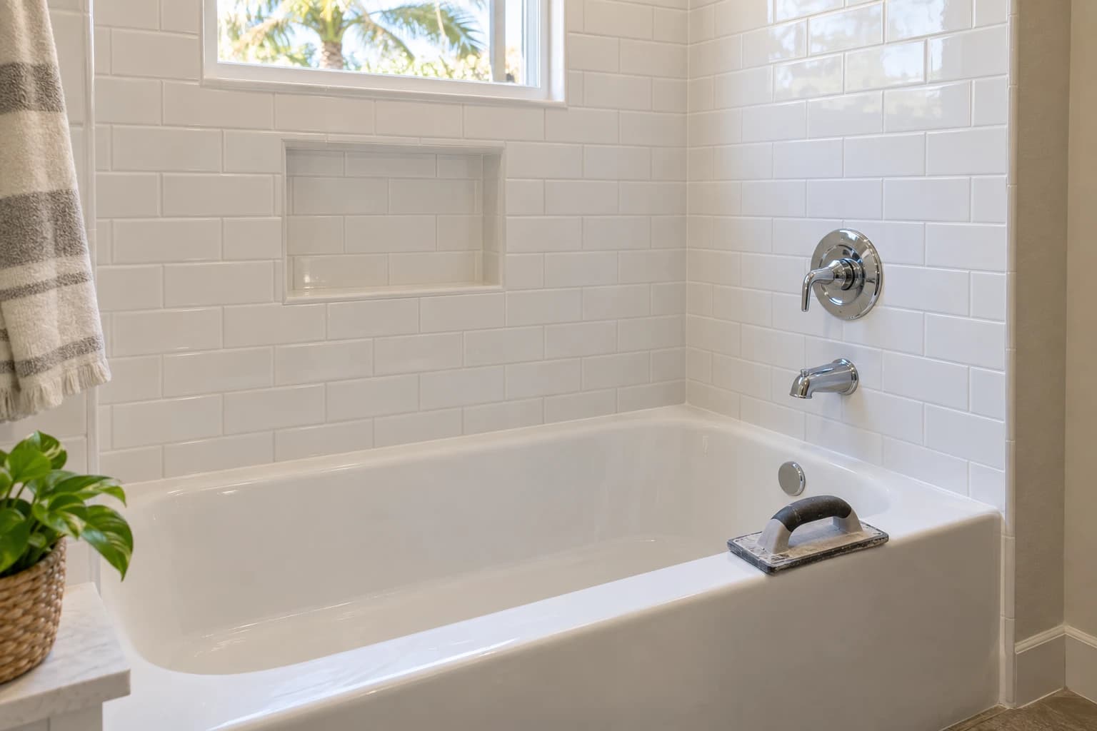 White alcove bathtub with freshly regrouted white subway tile walls and a new chrome shower valve trim, a grout float resting on the tub edge