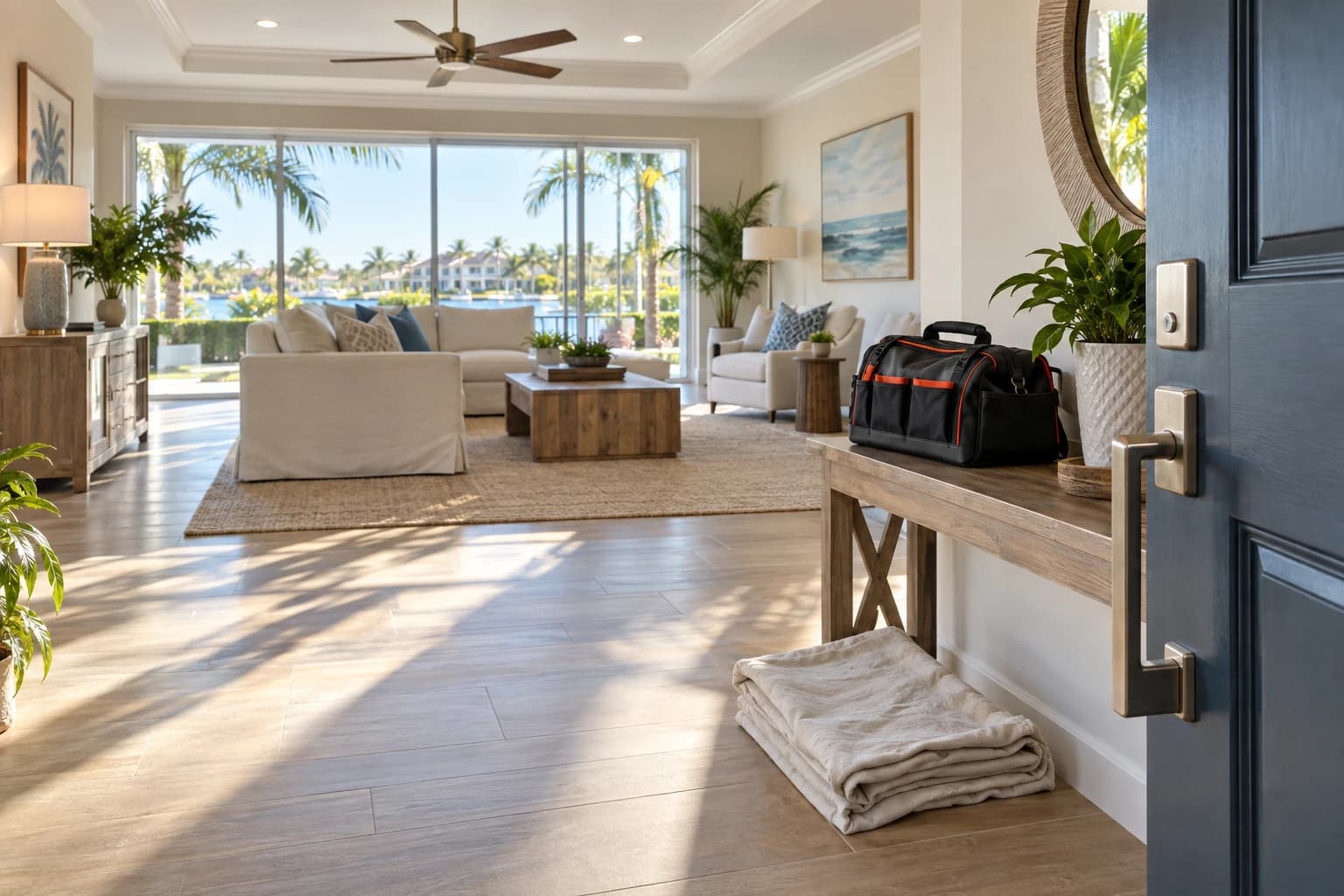 Sunlit Florida living room seen from the entry with a folded drop cloth and a closed tool bag by the front door after the work is finished