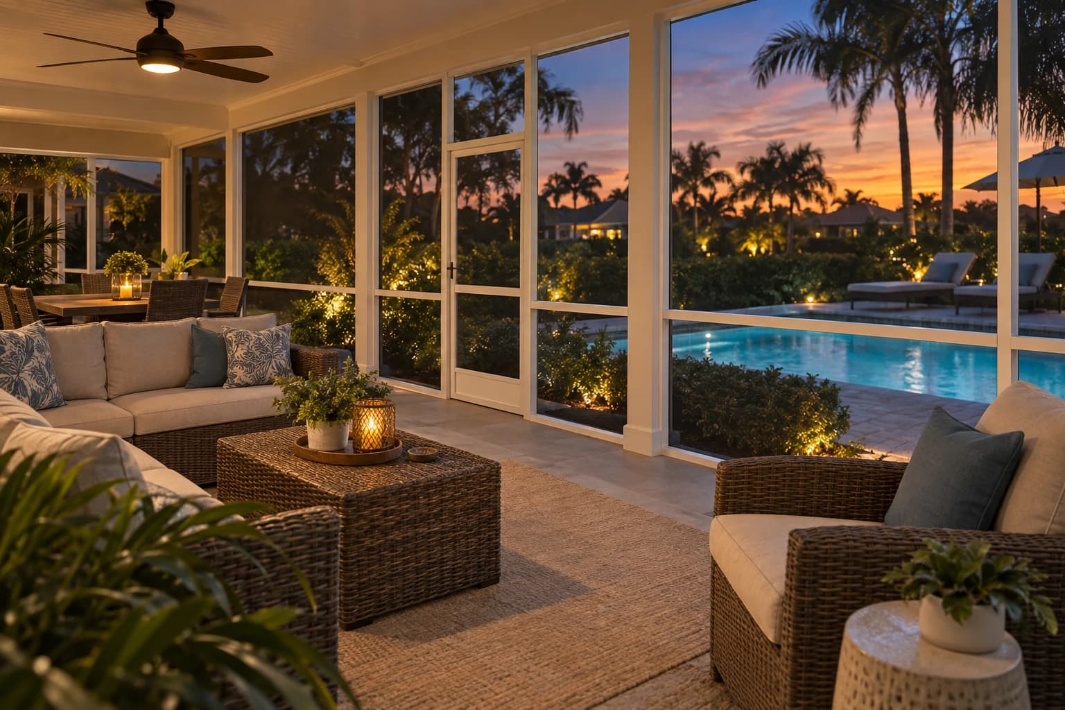 Screened Florida lanai at dusk with repaired screen, painted trim, and a lit pool beyond