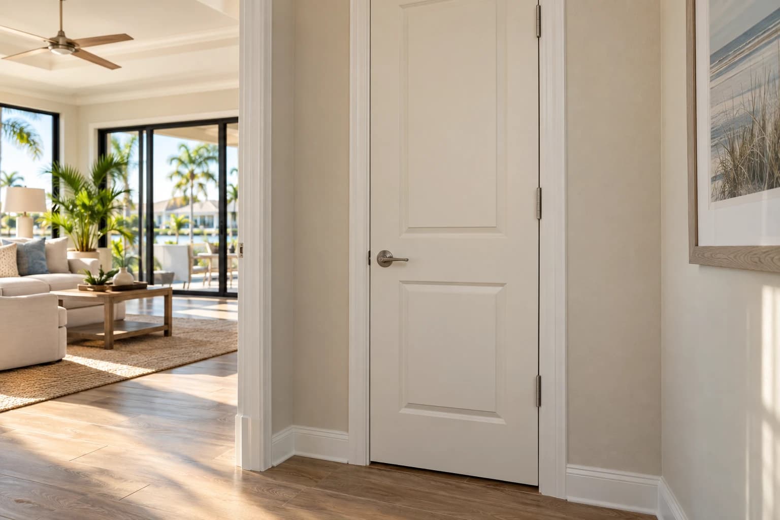 Freshly hung interior door with new satin nickel hardware in morning light, a Florida living room beyond