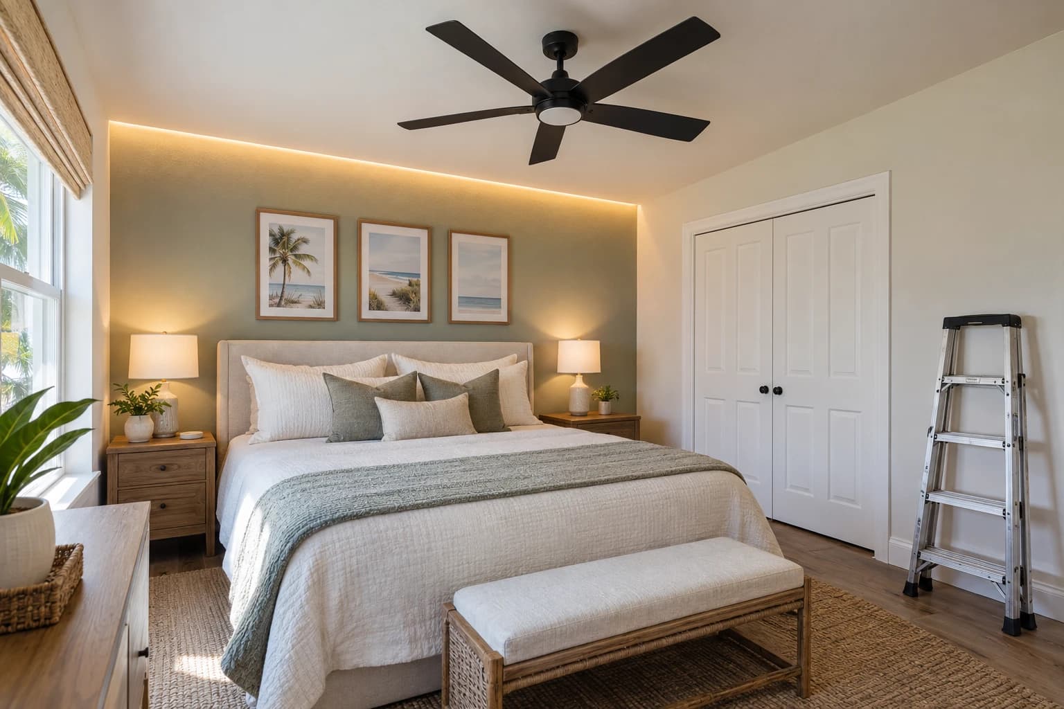 Bedroom with a new matte black five-blade ceiling fan and a soft LED strip glowing along the top of a headboard wall, a stepladder folded by the closet door