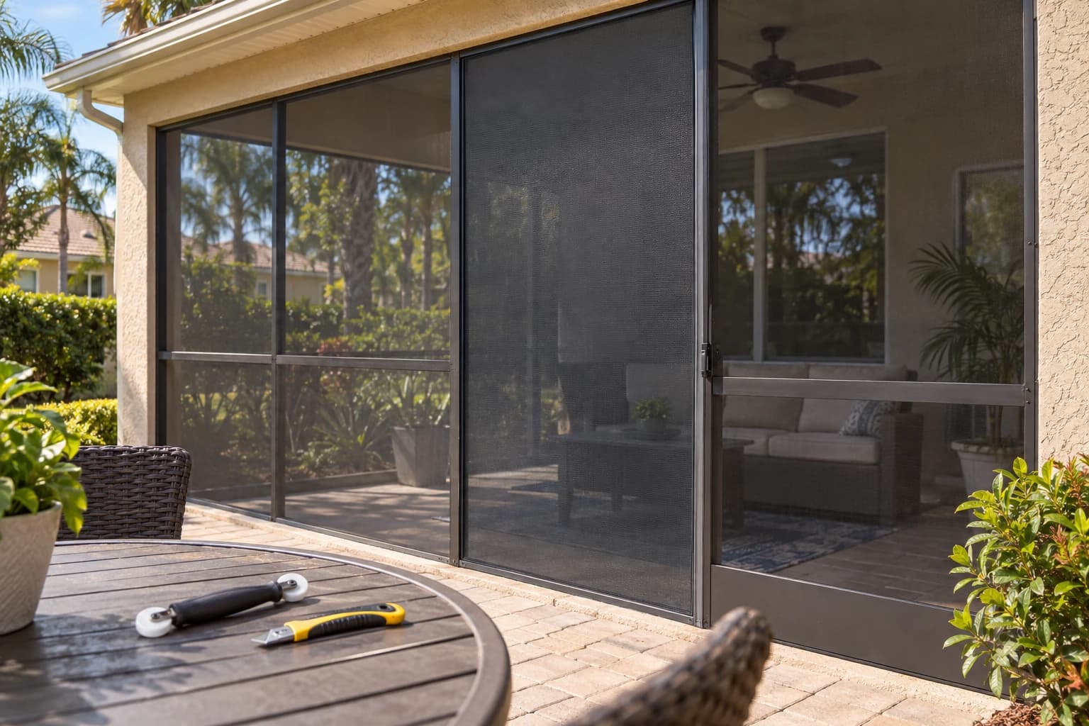 Screened lanai on a tan stucco home with one freshly rescreened panel, a spline roller and a utility knife resting on a patio table