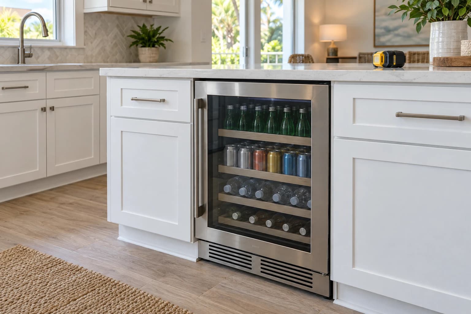White shaker kitchen cabinets with a stainless beverage cooler fitted into a new opening below the counter, a tape measure resting on the quartz top